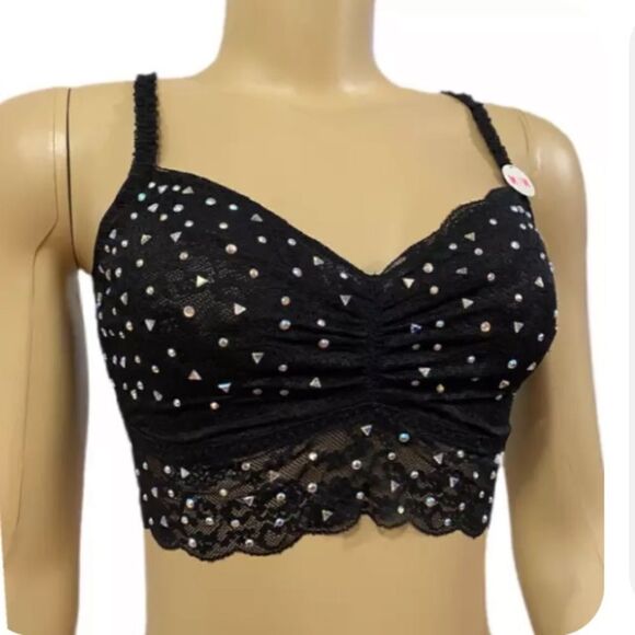 Victorias Secret Pink Bling Stones Ruched Lace Bralette bra black - Picture 2 of 6